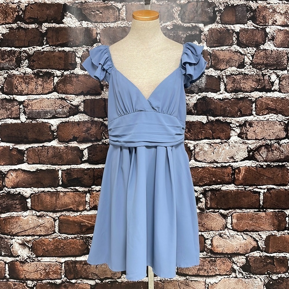 Mint Choco Blue Ruffle Sleeve V-Neck Mini Dress NWT Open Back Size Large L - Picture 5 of 17